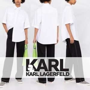 Karl Lagerfeld x Amber Valletta Casual Safari White Collared Short Sleeve Shirt